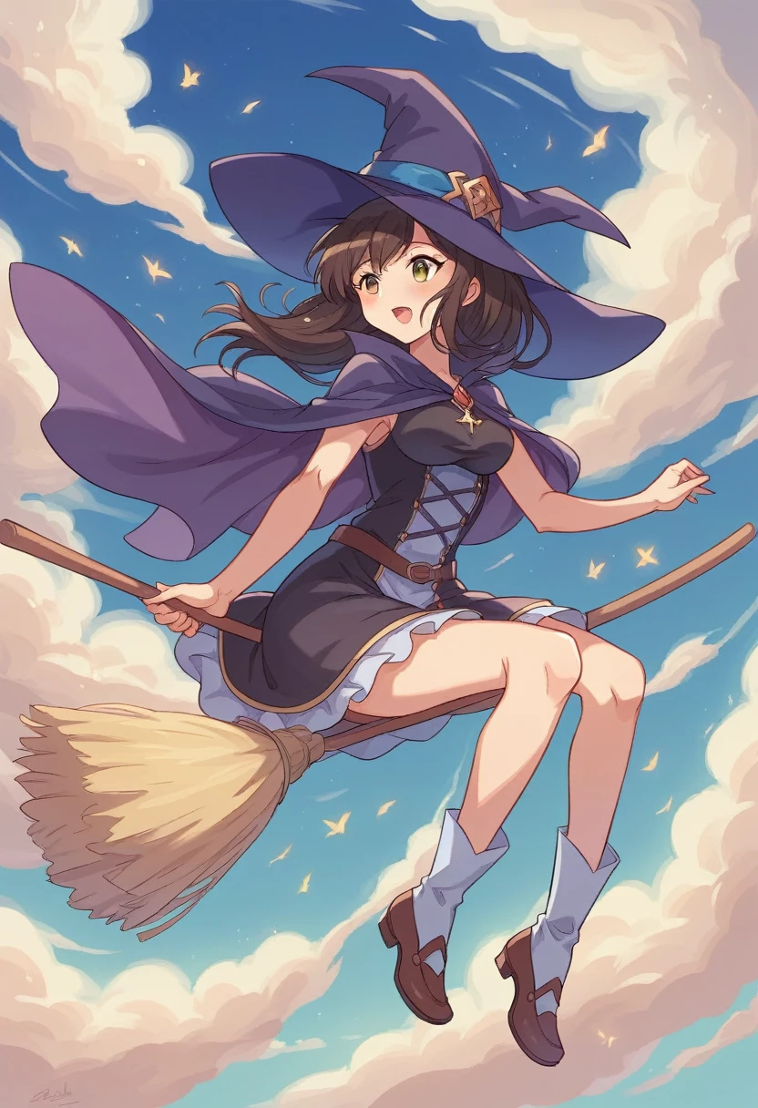 ((((空を飛ぶwitch))),((Ride a broom)),Straddling a broom,Fantasy,Beautiful light and shadow,Anatomically correct,masterpiece,Highest quality,最高masterpiece,8K,Use of magic,witch:witchの帽子:witchの衣装:Familiar,Wind,Fantasy,wonderful,An illustration,Digital Art,wonderful,wonderful,カラーAn illustration,Rich colors,