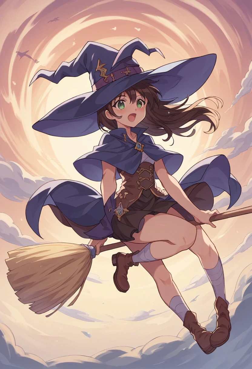 ((((空を飛ぶwitch))),((Ride a broom)),(Straddling a broom),Fantasy,Beautiful light and shadow,Anatomically correct,masterpiece,Highest quality,最高masterpiece,8K,Use of magic,witch:witchの帽子:witchの衣装:Familiar,Wind,Fantasy,wonderful,An illustration,Digital Art,wonderful,wonderful,カラーAn illustration,Rich colors,(Blushing),(Eyes closed),(Mouth closed),(Holding the end of the broom tightly with both hands),(slightly squatting),(Both feet are on the ground),(Both feet are wearing shoes),（ One broom handle、The broom handle is connected）,(The tips of the broom face backwards)