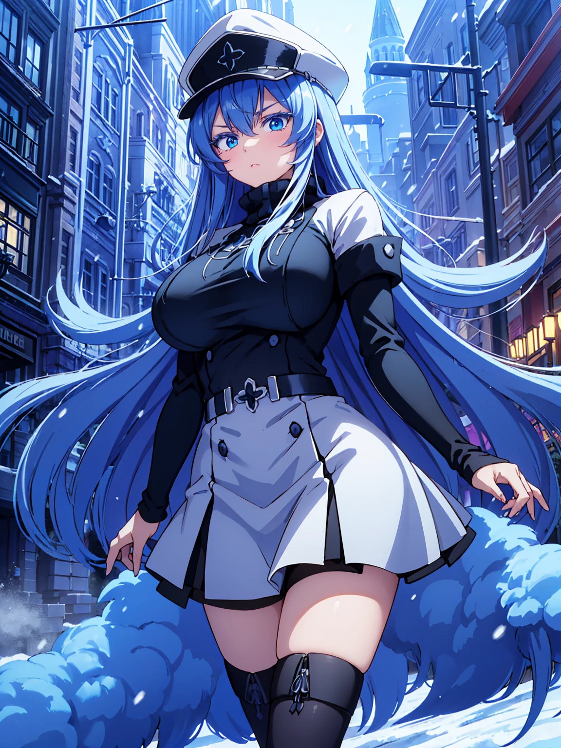 (artwork, best quality) a girl with long blue hair, blue eyes, blue eyelashes, big breasts, white sweatshirt with a hat, walking, upset, on a street in Russia, snowing heavily, at night