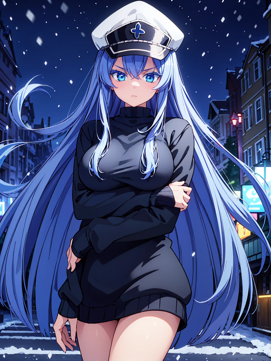 (artwork, best quality) a girl with long blue hair, blue eyes, blue eyelashes, big breasts, white sweatshirt with a hat, walking, upset, on a street in Russia, snowing heavily, at night