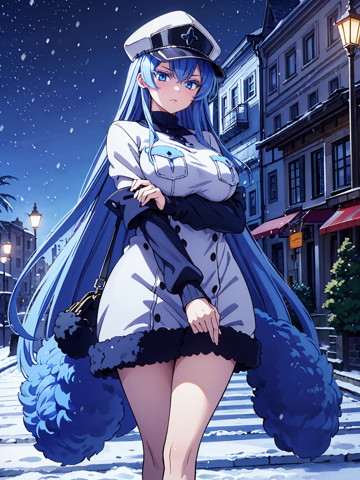 (artwork, best quality) a girl with long blue hair, blue eyes, blue eyelashes, big breasts, white sweatshirt with a hat, walking, upset, on a street in Russia, snowing heavily, at night
