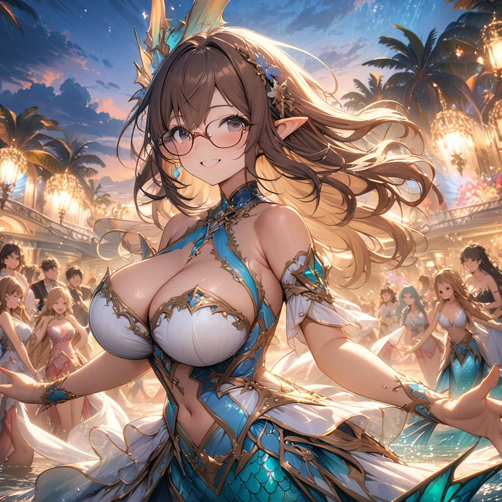 A mermaid idol on a beach stage at sunset:
(best quality,4k,8k,highres,masterpiece:1.2),ultra-detailed,illustration,beach stage, vibrant color,((mermaid))), singing, enchanting, sunset glow, ocean waves, sparkling tail, ethereal beauty, crowd cheering, magical atmosphere, graceful motions, sandy shore, seashells, tropical flowers, heavenly voice, mesmerizing performance, professional lighting, fantasy setting, captivating audience, dreamlike ambiance, dynamic composition, breathtaking moment,(brown hair),(black eyes),glasses,((big breasts)),perfect fins,pointy ears,smiles