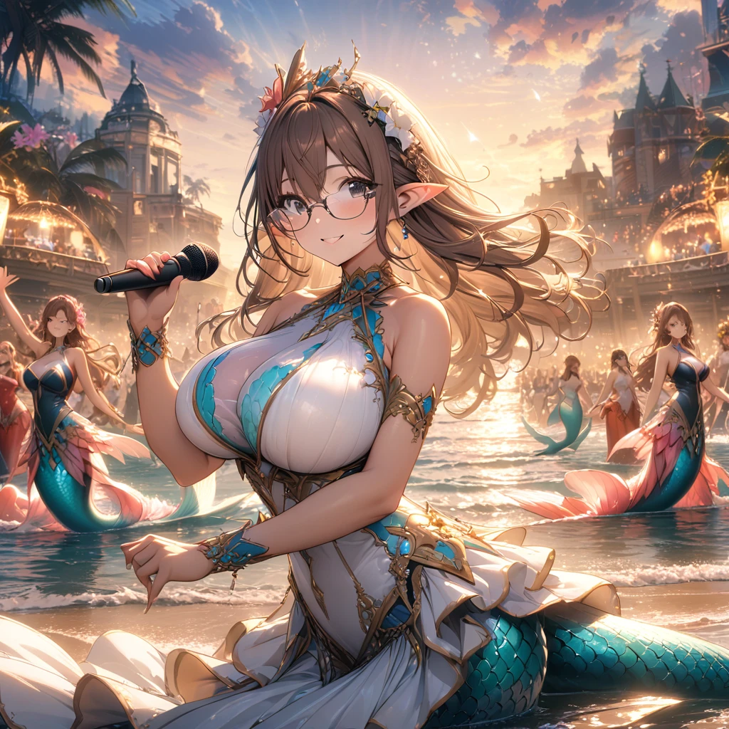 A mermaid idol on a beach stage at sunset:
(best quality,4k,8k,highres,masterpiece:1.2),ultra-detailed,illustration,beach stage, vibrant color,((mermaid))), singing, enchanting, sunset glow, ocean waves, sparkling tail, ethereal beauty, crowd cheering, magical atmosphere, graceful motions, sandy shore, seashells, tropical flowers, heavenly voice, mesmerizing performance, professional lighting, fantasy setting, captivating audience, dreamlike ambiance, dynamic composition, breathtaking moment,(brown hair),(black eyes),glasses,((big breasts)),perfect fins,pointy ears,smiles