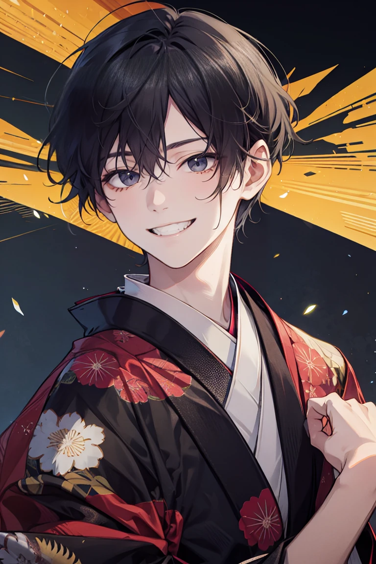 One man, kimono, very short hair, black hair, smiling.