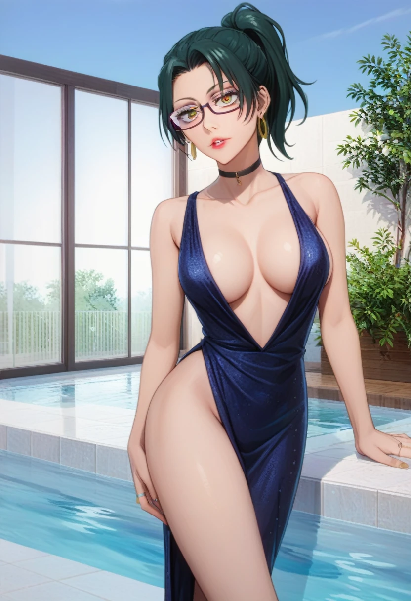 score_9_up, score_8_up, score_7_up, 1girl, solo, mature female, Maki, green ponytail hair, yellow eyes, glasses, red lips, parted lips, fit slim body, perfect medium erected breast,(((highly detailed eyes))), (((dark blue evening dress with plunging neckline, golden earrings, golden rings, black choker with shining rhinestones))), (((white modern villa with panoramic windows, pool, sunset))), outdoors, looking at the viewer, perfect model body, standing in seductive pose near the pool