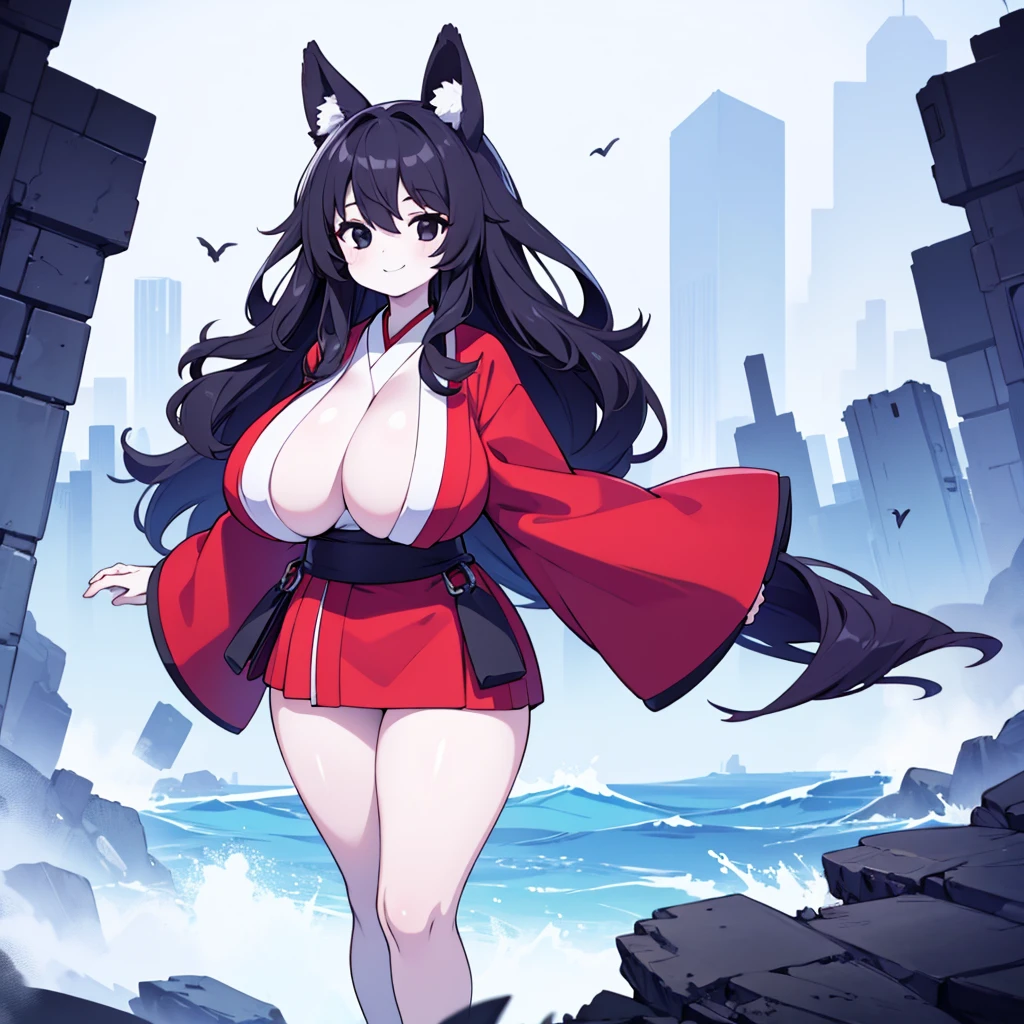 Highest quality, 1girl, solo, black hair, long hair, messy hair, black eyes, gigantic breasts, thick thighs, kimono, standing, smile, pale skin