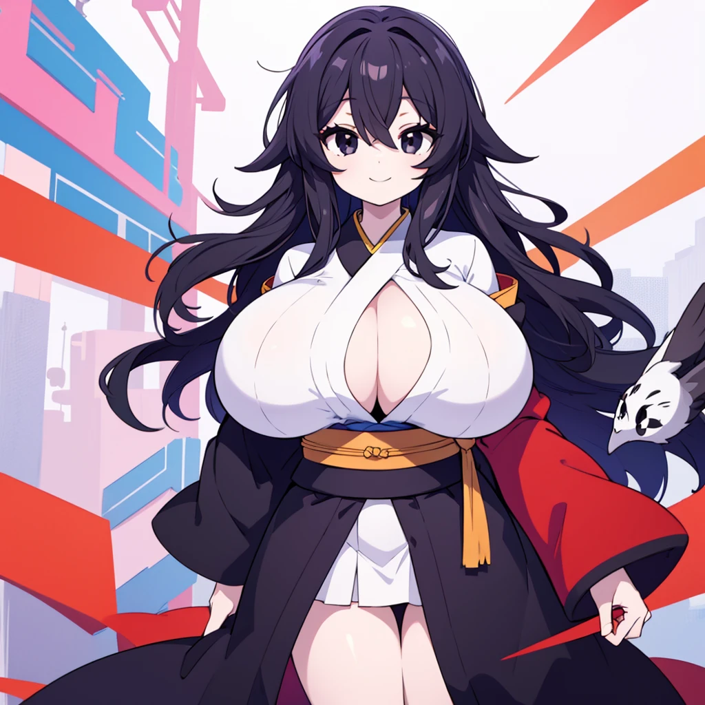 Highest quality, 1girl, solo, black hair, long hair, messy hair, black eyes, gigantic breasts, thick thighs, kimono, standing, smile, pale skin