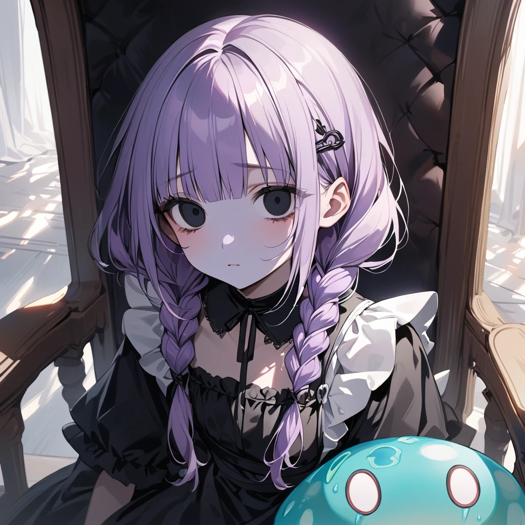 masterpiece, ultra detailed, 8K, full body shot,, a girl, kawaii, light atmosphere, (Cute a　Slime girl:1.5), (a girl who turned into a slime with closs hair pin, pale purple hair, wavy two braids, blunt bangs hair, green and black eyes empty eyes, purple skin, yandere, portrait:1.4), anime visual, (tilt head:1.3), extremely delicate face, realistic lighting and shading, (an extremely delicate and beautiful art:1.3),Watercolor painting, a girl, Slender girl with small breasts, Black maid dress, Sitting helplessly in a chair, expressionless, eyes unfocused, large tears spilling from the eyes,