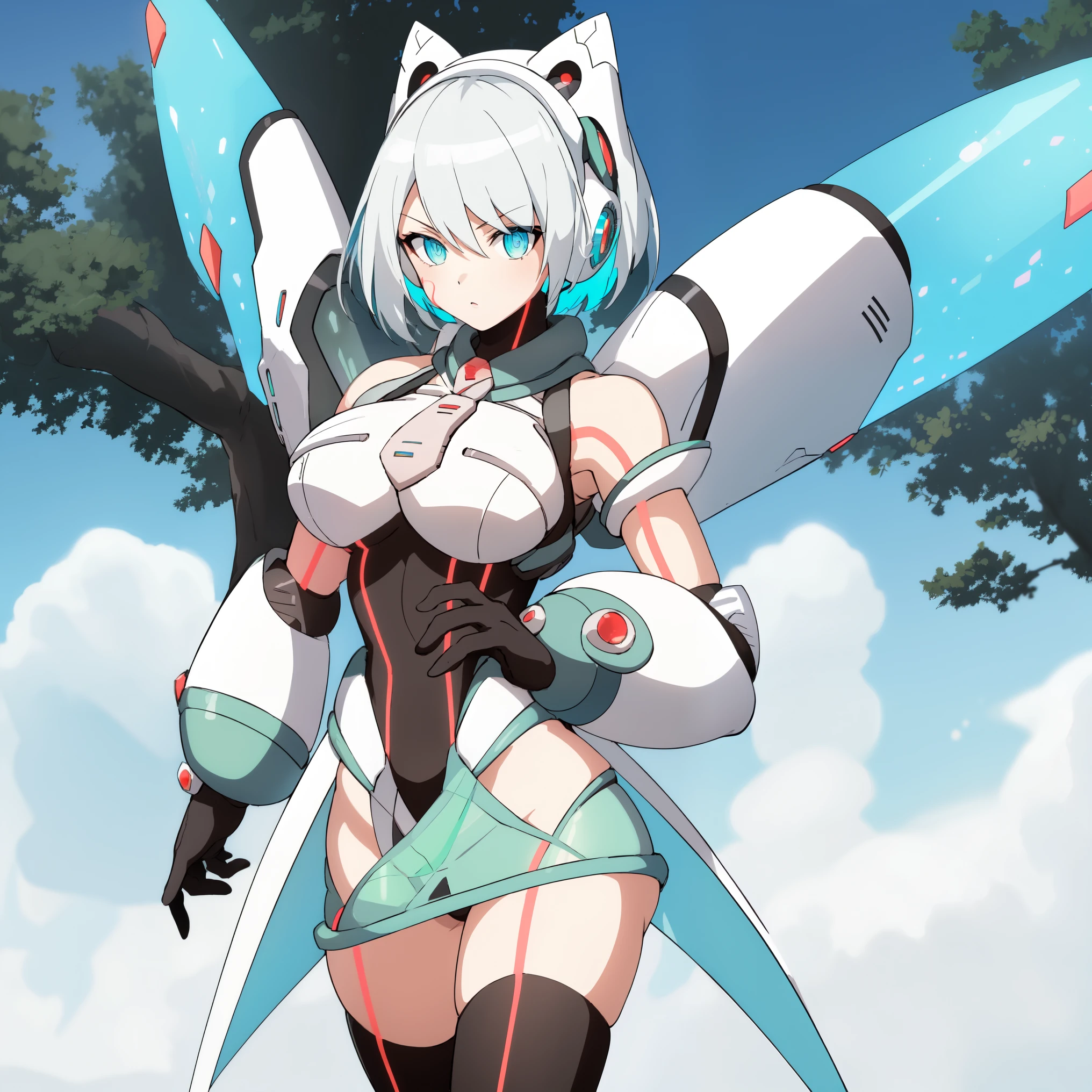 ico_megamanxdive, 1girl, blue eyes, solo, white hair, android, large breasts, black gloves, short hair, thighhighs, necktie, high quality, masterpiece, standing with green flames coming from a tree