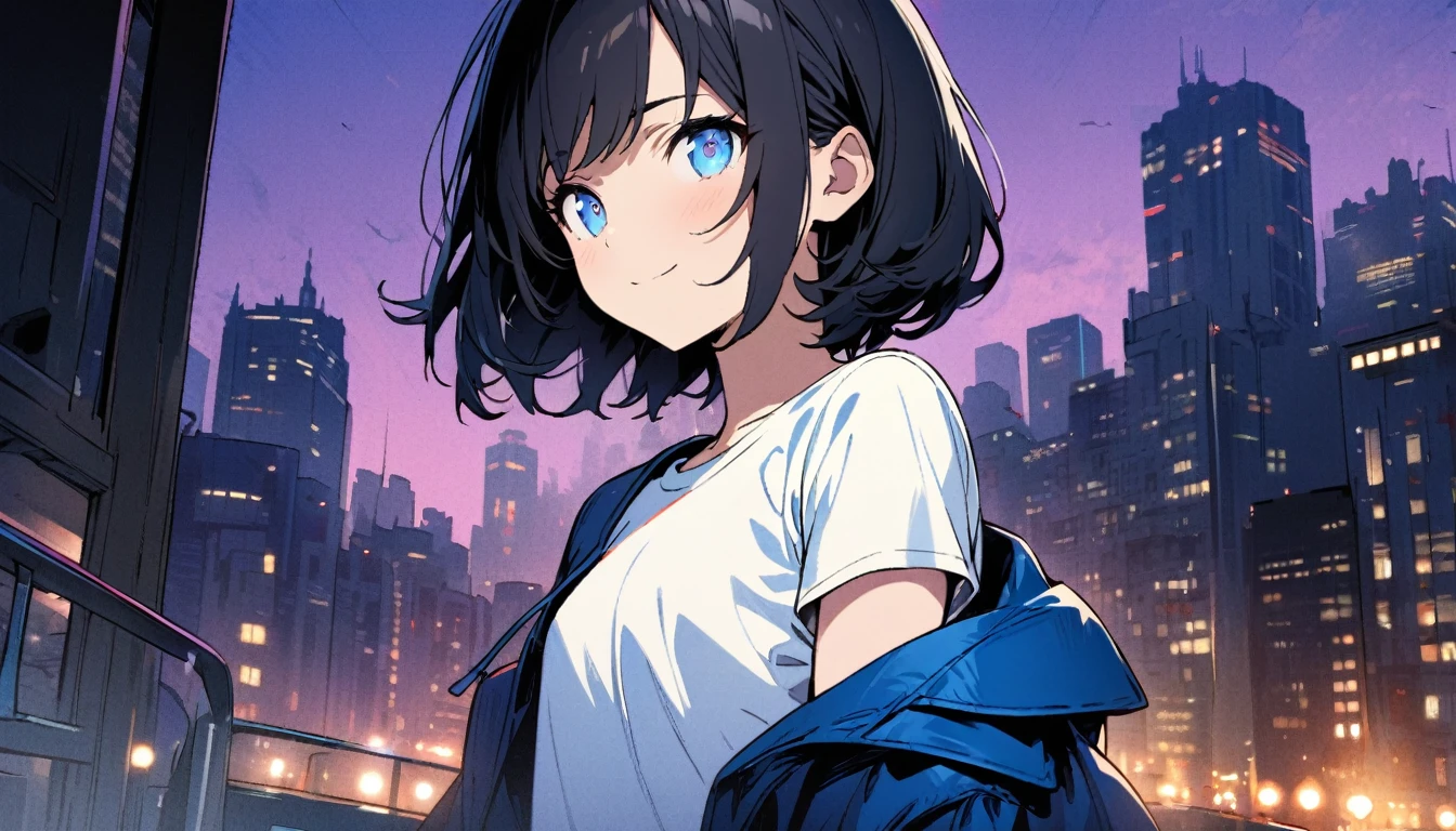 1girl, solo, blue eyes, (detailed eyes), flat chest, short hair, black hair, ((white t-shirt)), simple t-shirt, black skirt, black socks, standing, upper body, gentle smile on her face((masterpiece, illustration, best quality)) girl in a blue coat Wear sunglasses Behind is the cityscape in the evening. There are twinkling lights of the city amidst the blue, blue, and purple sky. Cool girls stand on high balconies or bridges. Looking out at the city with a confident and calm expression. The colors of the picture emphasize the dramatic tone. close up to the face