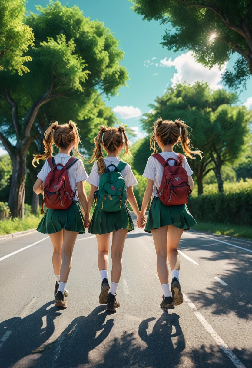 (girl, Twin Tails), The scene mainly depicts a group of girls carrying backpacks walking on the road, their ponytails jumping in the wind. They chat while walking, with carefree smiles on their faces. The background is a wide road and emerald tree shadows, full body, (Photography, Raw photo), panoramic view, award-winning, cinematic still, emotional, vignette, dynamic, vivid, (masterpiece, best quality, Professional, perfect composition, very aesthetic, absurdres, ultra-detailed, intricate details:1.3)