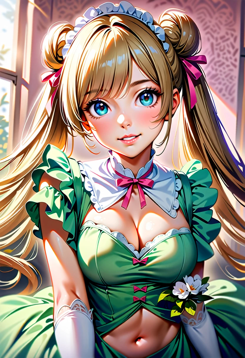 20 years old,1 girl,hyperrealistic, 8k, (extremely detailed 8k), (very delicate and beautiful), (masterpiece), (better quality:1.0), (ultra high resolution:1.0), (masterpiece, best quality), cute,blonde,cleavage cutout,(broen dress:1.3),(crop top navel:1),gleaming skin,twintails,twin bun,a pink ribbon on the head,long hair,pastel green frill Chinese-made dress,white long gloves,delighted,pink border,hold a bouquet of flowers,from the front,a bunch of flowers,POV,bust shot, pastel green maid dress