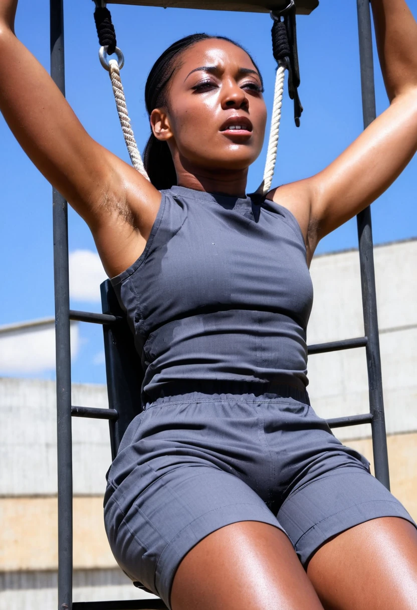 Closeup view of an outdoor skinny but athletic black female prisoner wearing dark grey sleeveless prisoner dress. She is tied down to the restraint chair in prison, with her arms tied very high to the ceiling. She is in a situation where she is strapped down to a prison chair with her arms raised by a rope. She is also wearing very loose, flappy, dark gray prison shorts. She is very sweaty, the outside sunny weather is unbaerably hot, woman is sweating, extreme torso sweating, armpit sweating, extremly bright sunshine,She is very sweaty, the outside sunny weather is unbaerably hot, woman is sweating, extreme torso sweating, armpit sweating, extremly bright sunshine She is very sweaty, the outside sunny weather is unbaerably hot, woman is sweating, extreme torso sweating, armpit sweating, extremly bright sunshine