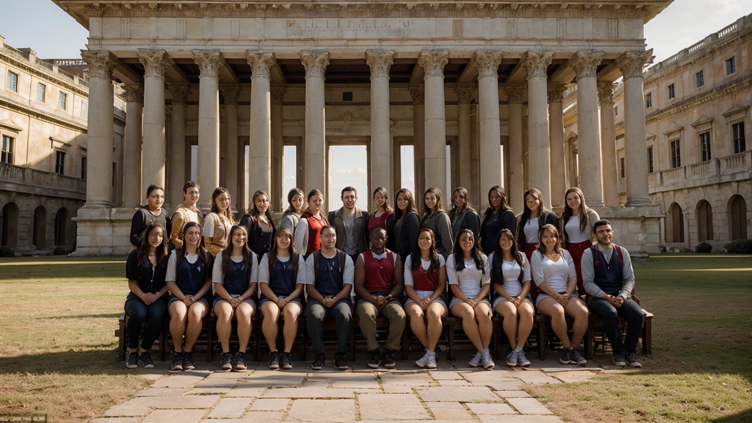 Make an outside, landscape oriented photo of 27 college students from all over the world wearing red vests posing in front of their palladian college library with dome