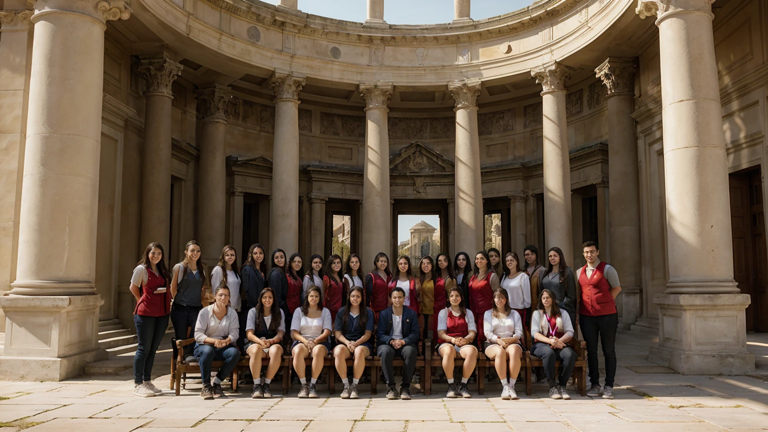 Make an outside, landscape oriented photo of 27 college students from all over the world wearing red vests posing in front of their palladian college library with dome
