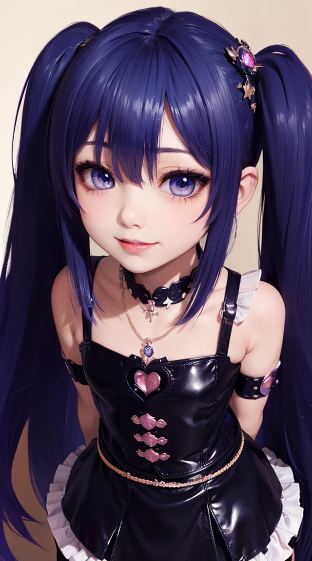 (masterpiece:1.3), (Best Quality:1.3), (Ultra-detailed:1.2), ((kawaii)), Cute, (lovely), ((sexy)), ((Extremely detailed)), 4K, (8K), Best Quality, (Beautiful), Illustration, anime style, (bold line:1.2), Gradation, looking at viewer, //, (bent down:1.1), (arms behind back), //, a cute girl, 1girl, (solo:1.2), gleaming skin, //, (flat chested), (Perfect eyes:1.2), (Perfect iris:1.2), //, darkblue hair color, (beautiful eyes) //, (half closed eyes:1.3), (sexual expression:1.2), Fascinated expression, smile, (blush:1.2), //, modern city background, on rock, twin tails, muscle girl, hard abs, exposed abs, NECKLACE, gothic dress, skirt