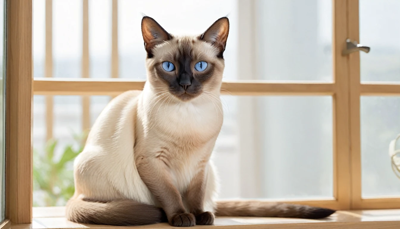 A detailed and realistic image of 1 Siamese cat, with blue almond-shaped eyes, short cream-colored fur with dark points on the ears, face, paws, and tail. The cat is sitting gracefully on a windowsill, bathed in soft, natural light, showcasing its elegant and sleek body. The background is a cozy, warmly lit room with a hint of greenery outside the window. The overall atmosphere is serene and inviting.