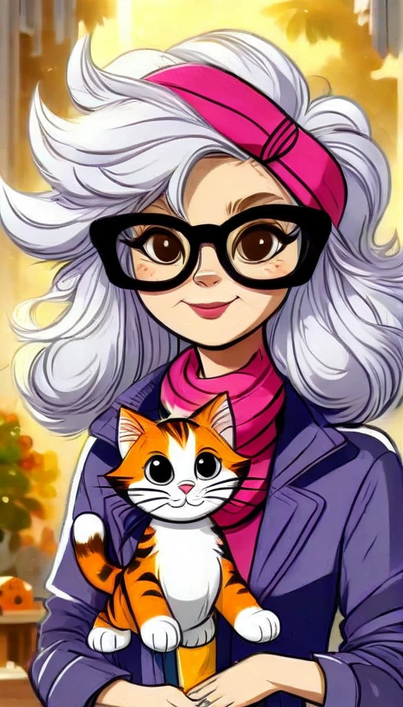 ((melhor qualidade)), ((Obra de arte)), (detalhado), A stunning high-quality 8K cartoon illustration featuring a charming  and her adorable kitten. The kitty, with charming white and orange fur, sports an extravagant flower headband and wears an adorable purple and yellow scarf, complete with stylish sneakers. ((The girl, dressed in a matching pink and purple jumpsuit, wears glasses and sneakers)), her cheerful expression and playful demeanor capturing her adventurous spirit. The background exudes a dreamy and warm atmosphere with a golden glow, enhancing the magical ambiance of the scene. The intricate details, vibrant colors, and professional finish of this 3D illustration make it truly captivating, immersing viewers in the animated world of this charming duo., illustration