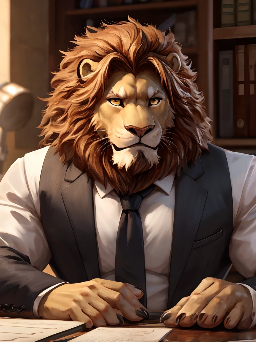 office，Looking at you with an embarrassed expression, Scene at the desk, , (super detailed), sharp focus,Shy，lion orc,golden eyes, brown mane, Light-colored fur, White beard, human nature (lion), male, middle aged, Shallow body, white belly, muscular, super detailed face, (exquisite eyes)frown,Embarrassed expression，Tooth grinned，suit and tie，motion blur, (best quality), (masterpiece), high detail, high quality, Award-winning, high resolution, HD, 16K, 