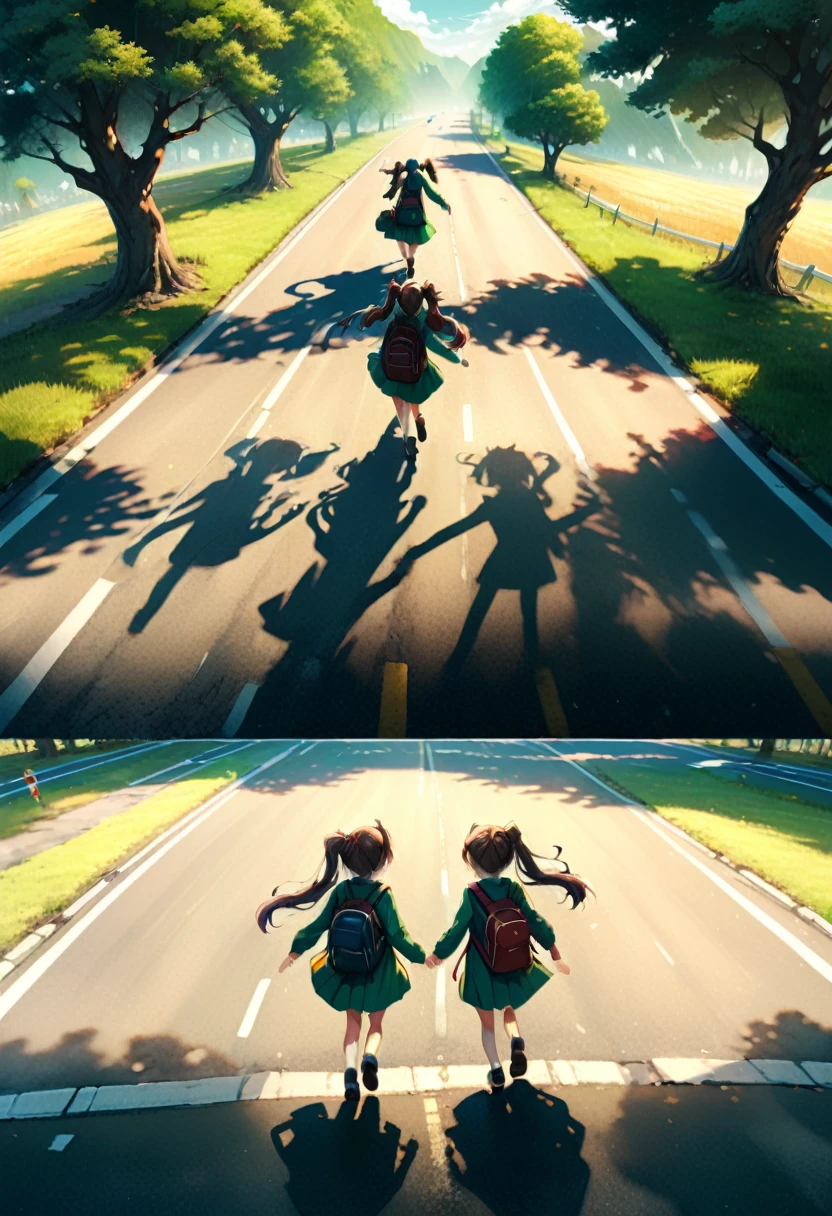 (girl, Twin Tails), The scene mainly depicts a group of girls carrying backpacks walking on the road, their ponytails jumping in the wind. They chat while walking, with carefree smiles on their faces. The background is a wide road and emerald tree shadows, full body, (Photography, Raw photo), panoramic view, award-winning, cinematic still, emotional, vignette, dynamic, vivid, (masterpiece, best quality, Professional, perfect composition, very aesthetic, absurdres, ultra-detailed, intricate details:1.3)