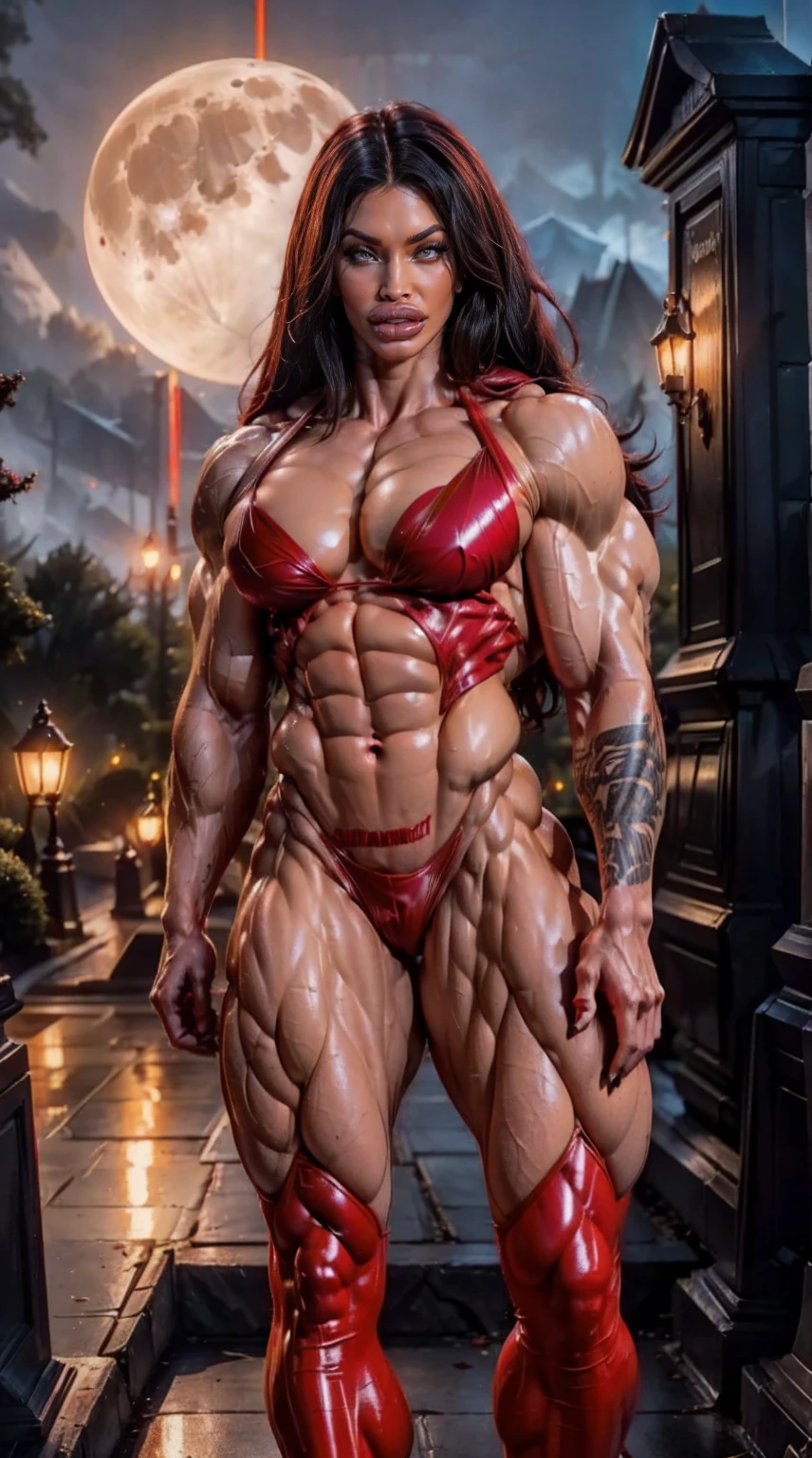 Megan fox as Vampirella, (wearing a red vampirella outfit:1.25), (muscular physique, pale skin, red glowing eyes:1.25), walking down a cemetery on a moonlit night, full moon, dark gothic atmosphere, thin legs, Realistic, Very detailed face and eyes, (masterpiece:1.1), (best quality:1.1), (fbb physique:1.45), (beautiful girl face:1.25)