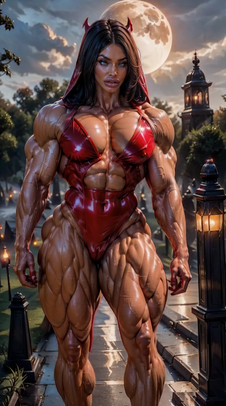 Megan fox as Vampirella, (wearing a red vampirella outfit:1.25), (muscular physique, pale skin, red glowing eyes:1.25), walking down a cemetery on a moonlit night, full moon, dark gothic atmosphere, thin legs, Realistic, Very detailed face and eyes, (masterpiece:1.1), (best quality:1.1), (fbb physique:1.45), (beautiful girl face:1.25)