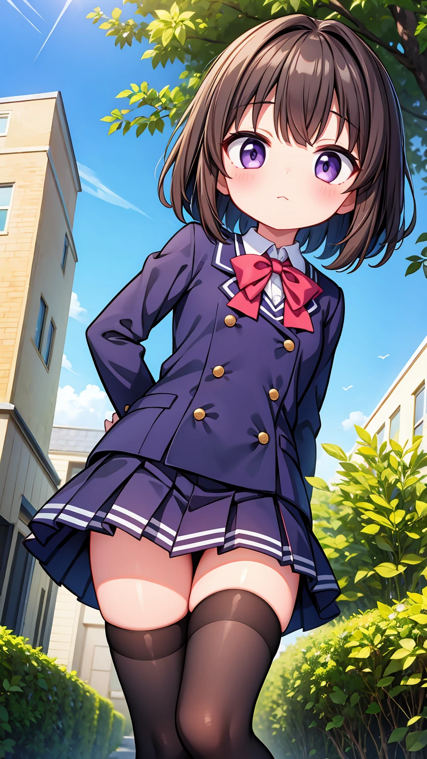 (High quality), (masterpiece), (very detailed), girl, (very small bust), short brown hair, purple eyes, shy face, (primary school ), showing her thighs, on the school yard, sunny, camera angle from below, adorable eyes, (primar school uniform), she is in love