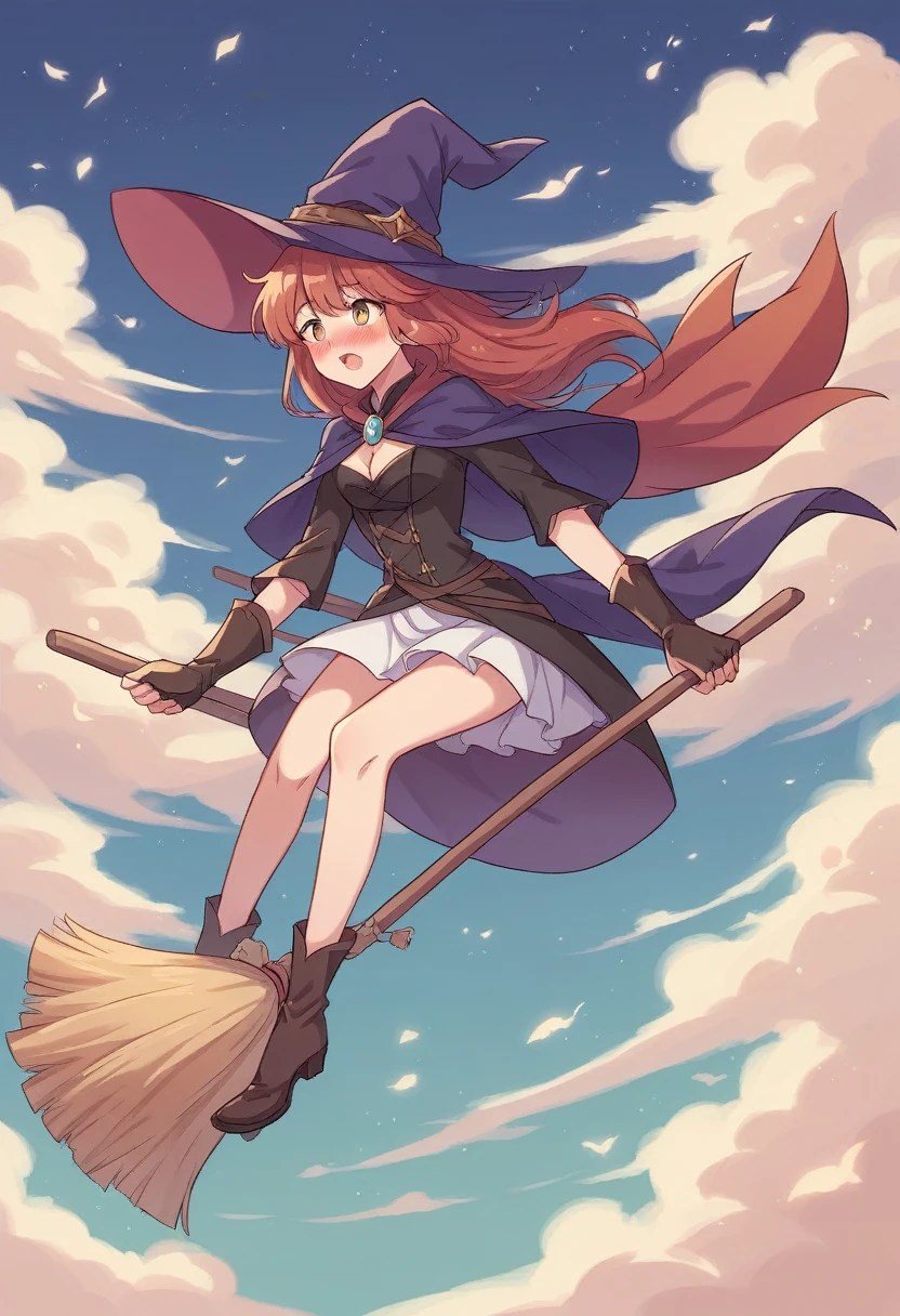 ((((空を飛ぶwitch))),((Ride a broom)),Straddling a broom,Fantasy,Beautiful light and shadow,Anatomically correct,masterpiece,Highest quality,最高masterpiece,8K,Use of magic,witch:witchの帽子:witchの衣装:Familiar,Wind,Fantasy,wonderful,An illustration,Digital Art,wonderful,wonderful,カラーAn illustration,Rich colors,Blushing