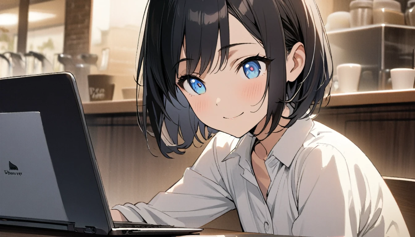1girl, solo, blue eyes, (detailed eyes), flat chest, short hair, black hair, upper body, gentle smile on her face, wearing a white dress shirt, sitting up straight((masterpiece, illustration, best quality)) A woman operating a laptop in a stylish cafe、28 years old、adult atmosphere、Close-up, has a cup of coffee right beside her