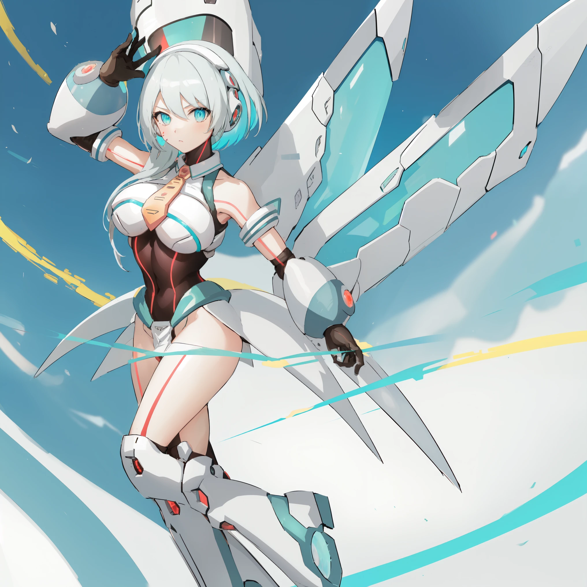 ico_megamanxdive, 1girl, blue eyes, solo, white hair, android, large breasts, black gloves, short hair, thighhighs, necktie, high quality, masterpiece, standing with green flames coming from a tree