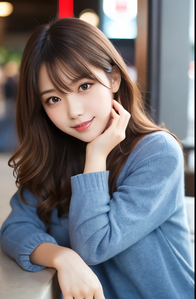 (masterpiece:1.2,Highest quality),Blur the background,1 female college student,((Cute casual clothes)),((Gravure pose)),Wavy Hair,((Beautiful Eyes)),Blushed,Healthy Skin,(smile),(Shinjuku Date),8K resolution