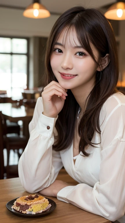 Tabletop, Highest quality, figure, Super detailed, In detail, High resolution, 8k wallpaper, Perfect dynamic composition, 1 beautiful girl, Beautiful attention to detail, Girly blouse, Medium Hair, Normal chest, Natural color lip, Random Pause, smile, Open your mouth:0.8, Stylish cafe, 20-year-old girl, sit, On the table is a chocolate parfait in a tall glass.,
