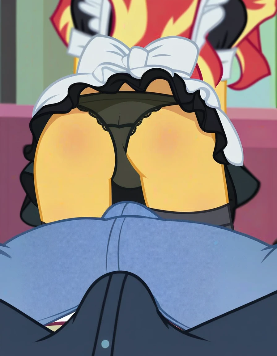 upskirt, duo focus, equestria girls, blushing, sunset shimmer, bra, underwear, grin, evil smile, erection, smiling, butt, clothes, maid, black panties, underwear, sunbutt, show accurate, vector, male pov, tenting, crotch big bulge, big erection in pants, offscreen male character