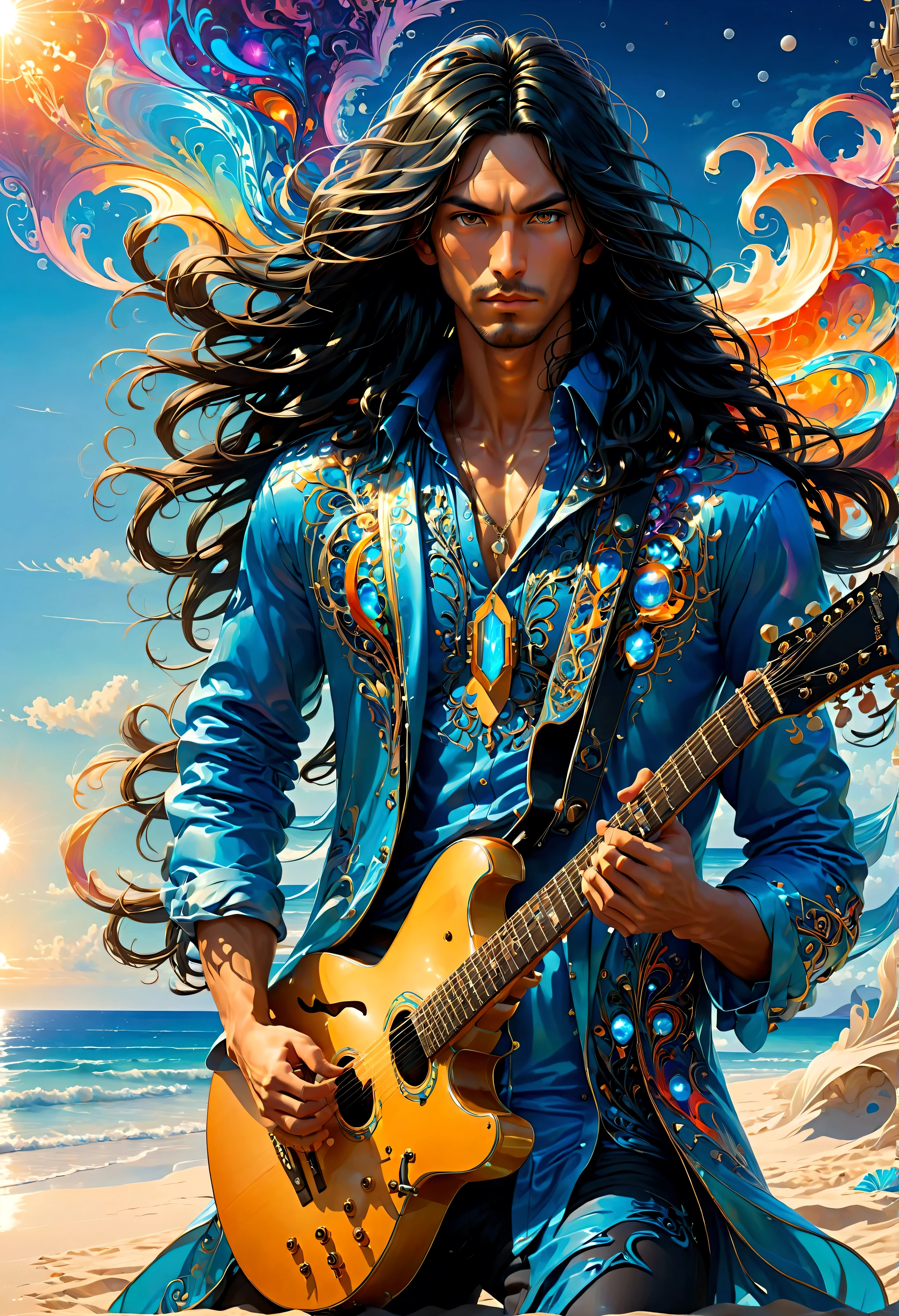 guitarist, men with black long hair with blue clothes , beachfront, best qualityer, work of art, very aesthetic, perfect composition, details Intricate, ultra detali