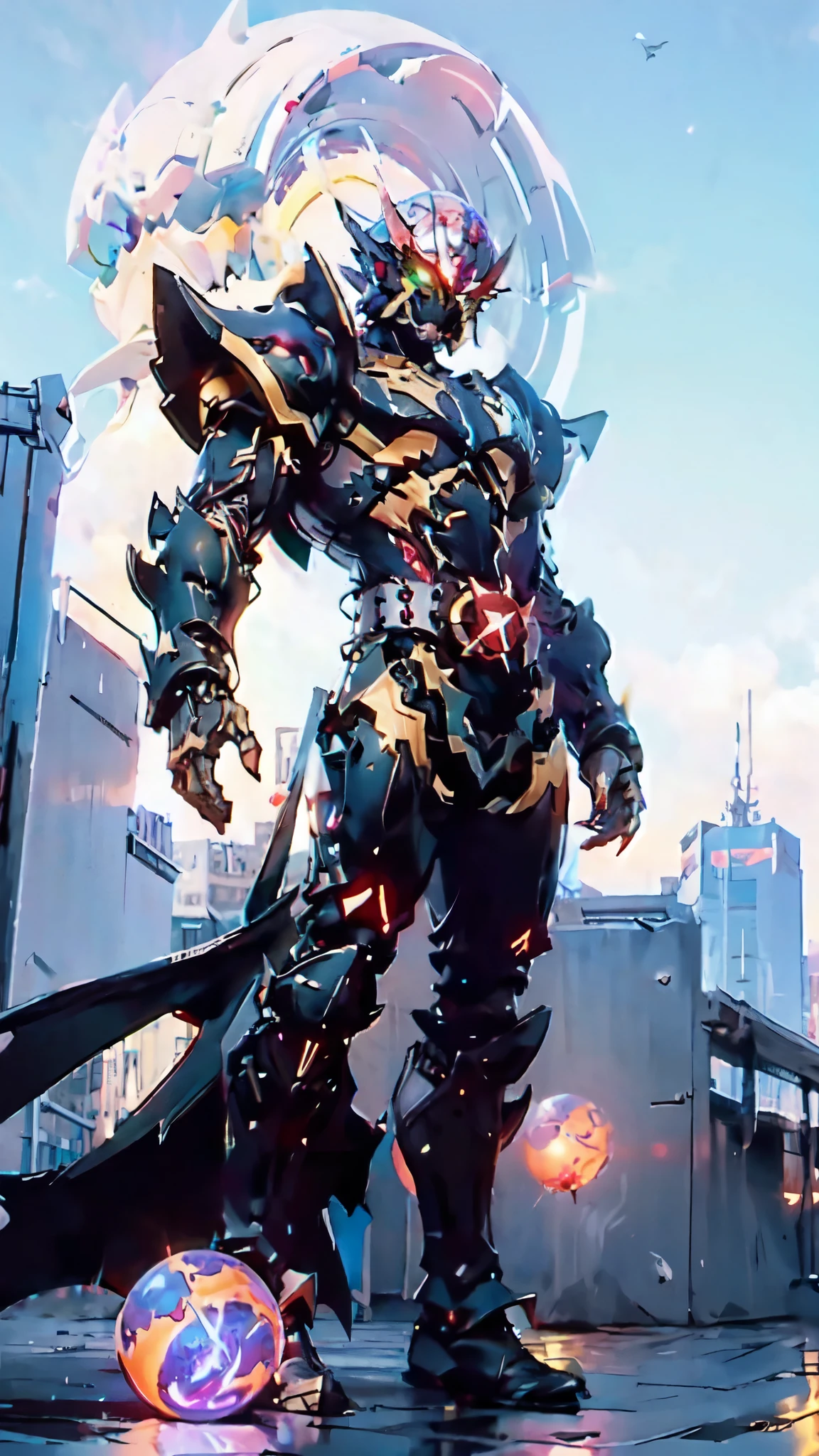 (masterpiece:1.5, best quality:1.5, extremely delicate:1.5, perspective:1.5, foreshortening:1.5, dynamic angle:1.5), a man wearing a full-face helmet, a fantasy-style biotech armored combat suit, green eyes, (a composite layered chest armor), fully enclosed shoulder guards, matching arm and leg guards, the belt is adorned with fangs biting into orbs, (the color scheme is primarily black with red accents), the design balances heavy with agility, a high-tech bio-mecha armor, (Armor Concept Inspired by Bat, stand on the top of a skyscraper in a futuristic sci-fi city), this character embodies a finely crafted fantasy-surreal style armored hero in anime style, exquisite and mature manga art style, (element, plasma, energy, the armor glows), ((male:1.5)), metallic, high definition, highres, ultra-detailed, ultra-fine painting, professional, perfect body proportions, golden ratio, anatomically correct, symmetrical face, extremely detailed eyes and face, high quality eyes, creativity, RAW photo, UHD, 32k, Natural light, cinematic lighting, masterpiece-anatomy-perfect