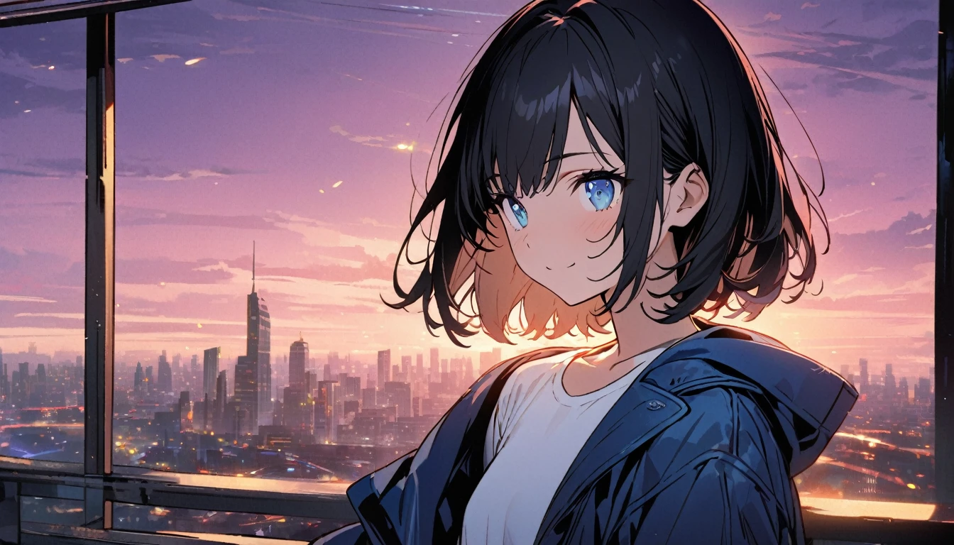 1girl, solo, blue eyes, (detailed eyes), flat chest, short hair, black hair, ((white t-shirt)), simple t-shirt, black skirt, black socks, standing, upper body, gentle smile on her face((masterpiece, illustration, best quality)) girl in a blue coat Wear sunglasses Behind is the cityscape in the evening. There are twinkling lights of the city amidst the blue, blue, and purple sky. Cool girls stand on high balconies or bridges. Looking out at the city with a confident and calm expression. The colors of the picture emphasize the dramatic tone. close up to the face