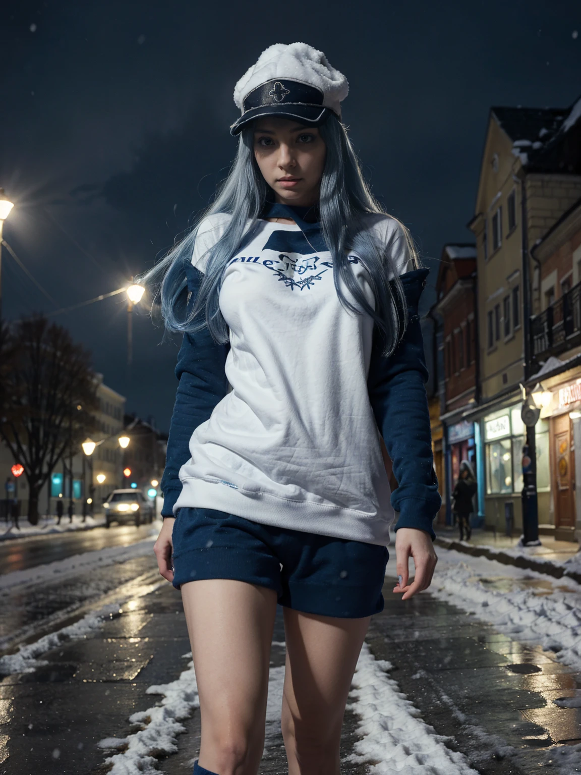 (artwork, best quality) a girl with long blue hair, blue eyes, blue eyelashes, big breasts, white sweatshirt with a hat, walking, upset, on a street in Russia, snowing heavily, at night