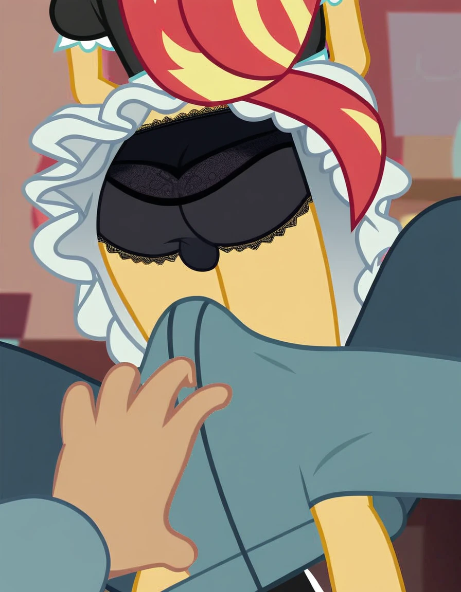 , duo focus, equestria girls, blushing, sunset shimmer, bra, underwear, grin, evil smile, erectiong, butt, clothes, , black panties, underwear,t, show accurate, vector, male pov, tenting, crotch big bulge, big erection in pants, offscrecharacter