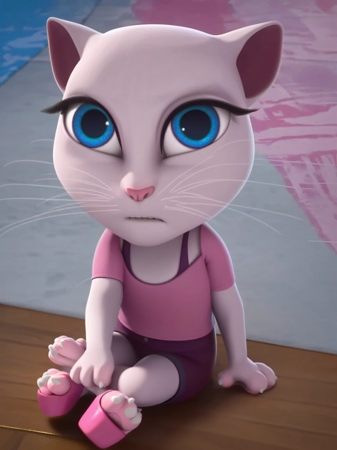 solo focus, a_la, 1girl, cat, white fur, long whiskers on both sides of the face, big bright blue eyes, big black eyelashes, small pink nose, triangular ears with pink channels, small breasts, looking at the viewer, sitting, legs crossed, fucking in between , platform high heels, score_9, score_8_up, score_7_up
