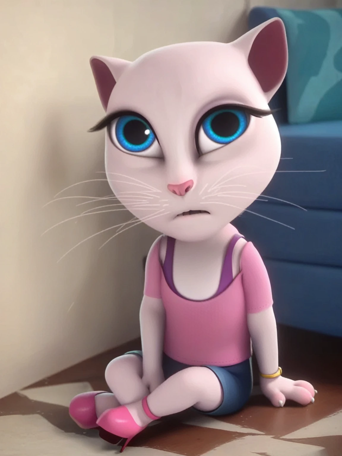 solo focus, a_la, 1girl, cat, white fur, long whiskers on both sides of the face, big bright blue eyes, big black eyelashes, small pink nose, triangular ears with pink channels, small breasts, looking at the viewer, sitting, legs crossed, fucking in between , platform high heels, score_9, score_8_up, score_7_up