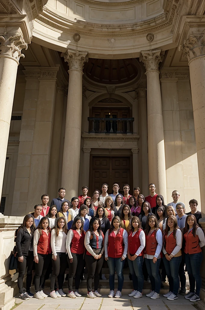 Make an outside, landscape oriented photo of 27 college students from all over the world wearing red vests posing in front of their palladian college library with dome
