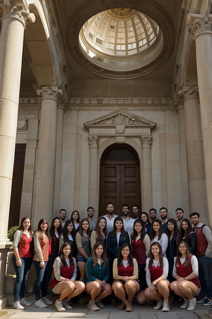 Make an outside, landscape oriented photo of 27 college students from all over the world wearing red vests posing in front of their palladian college library with dome