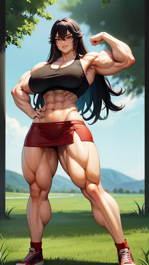 ((leg raised in kick)), 1 girl, standing alone, very muscular Asian woman, ((multicolored dyed hair)), eyes browns, (huge muscles), ((huge biceps)), wearing a stretched crop top, wearing mini skirt, Standing on the grass, soggy, [[[[water dripping from it]]]], soggy, (malicious and smug smile), fundo de quintal,hypermuscle, hyper muscles