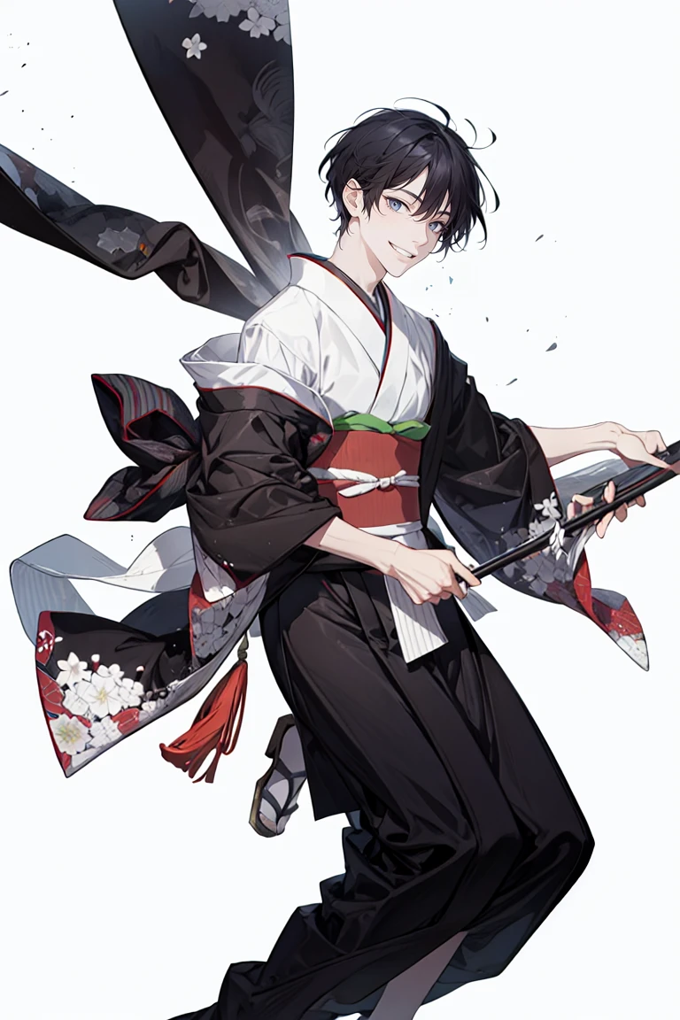 One man, kimono, very short hair, black hair, smiling, ((white background)), full body