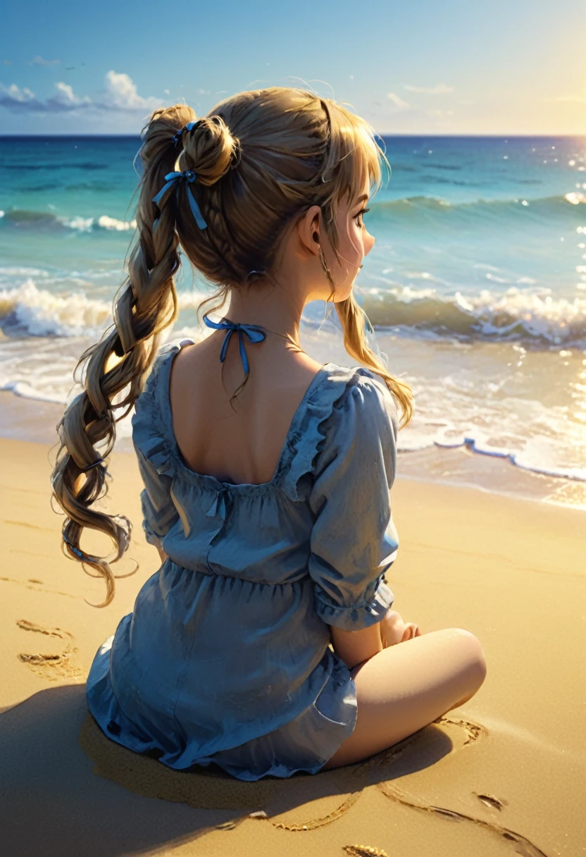 (girl, Twin Tails), The scene mainly depicts a girl sitting on the beach, with two ponytails swaying gently in the wind. With a relaxed and happy expression, she is looking at the distant waves. The background is a golden beach and a sea surface shimmering with blue light, full body, (Photography, Raw photo), panoramic view, award-winning, cinematic still, emotional, vignette, dynamic, vivid, (masterpiece, best quality, Professional, perfect composition, very aesthetic, absurdres, ultra-detailed, intricate details:1.3)