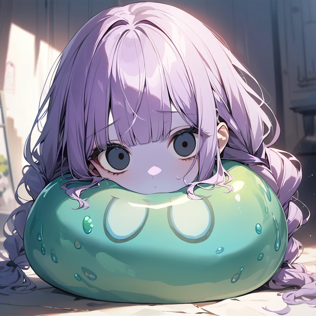 masterpiece, ultra detailed, 8K, full body shot,, a girl, kawaii, light atmosphere, (Cute a Slime girl:1.5), (a girl who turned into a slime, pale purple hair, wavy two braids, blunt bangs hair, green and black eyes empty eyes, purple skin, yandere, portrait:1.4), anime visual, (tilt head:1.3), extremely delicate face, realistic lighting and shading, (an extremely delicate and beautiful art:1.3),Watercolor painting, a girl, Slender girl with small breasts, Black maid dress, expressionless, eyes unfocused, large tears spilling from the eyes,A girl opens the fridge, sits inside and smiles,