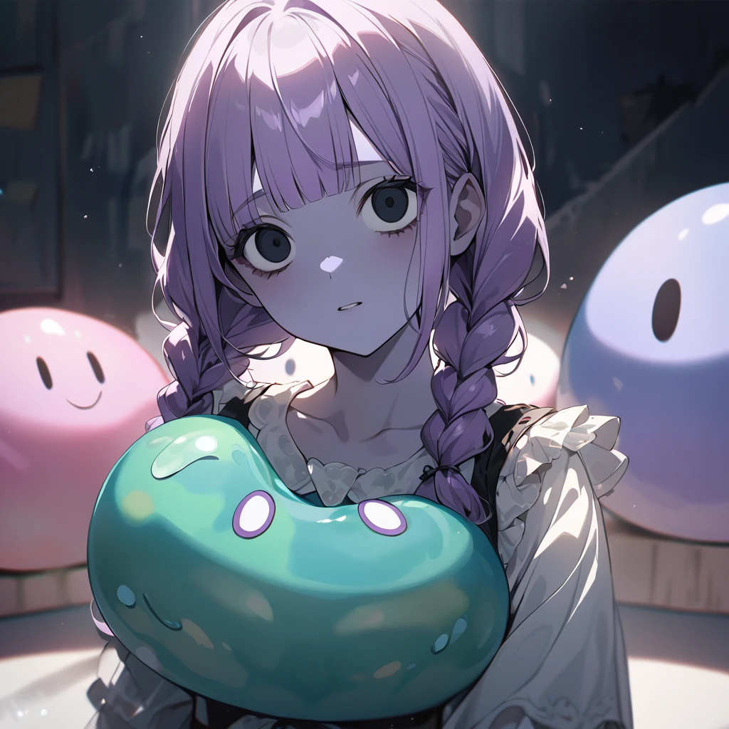 masterpiece, ultra detailed, 8K, full body shot,, a girl, kawaii, light atmosphere, (Cute a Slime girl:1.5), (a girl who turned into a slime, pale purple hair, wavy two braids, blunt bangs hair, green and black eyes empty eyes, purple skin, yandere, portrait:1.4), anime visual, (tilt head:1.3), extremely delicate face, realistic lighting and shading, (an extremely delicate and beautiful art:1.3),Watercolor painting, a girl, Slender girl with small breasts, Black maid dress, expressionless, eyes unfocused, large tears spilling from the eyes,