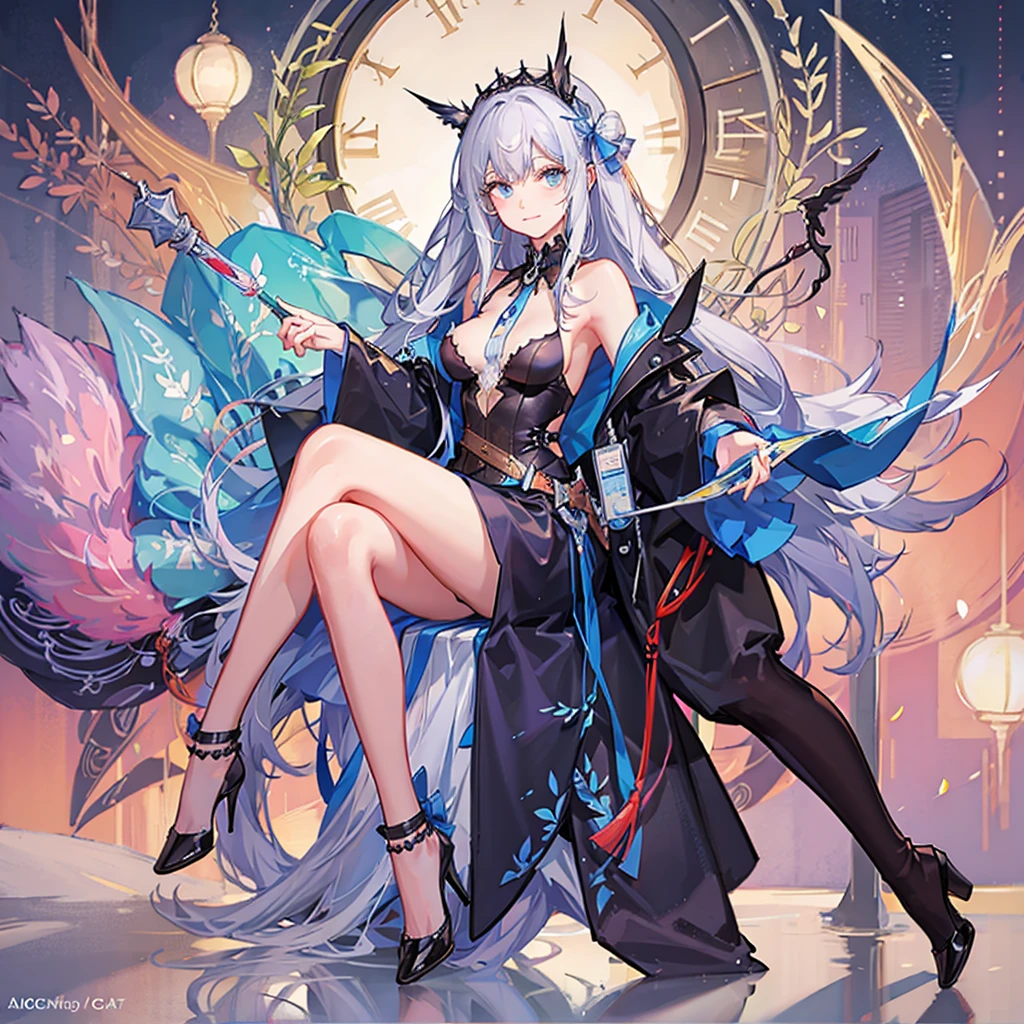 (masterpiece), (best quality), 全身, 简单的背景, 坐着, 1girl, 闪亮的头发, 白发, 羽毛发饰, 白色披风, ((see-through)), 肚脐, 浅笑, 植物, 花, full_moon ,侦探主题,((black legwear)), ((crow)),chains,ruins, 1gir, in flower,black_bikini,1girl in flower ,navel,