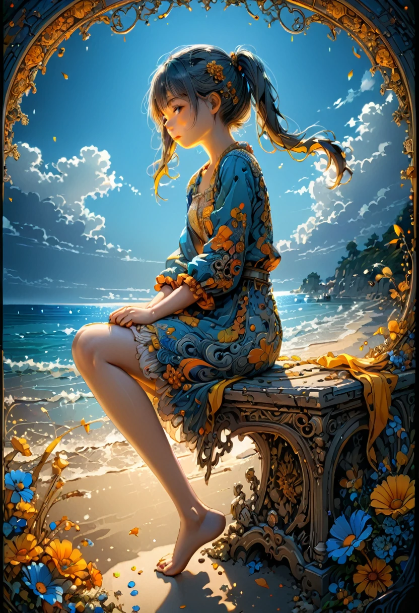 (girl, Twin Tails), The scene mainly depicts a girl sitting on the beach, with two ponytails swaying gently in the wind. With a relaxed and happy expression, she is looking at the distant waves. The background is a golden beach and a sea surface shimmering with blue light, full body, (Photography, Raw photo), panoramic view, award-winning, cinematic still, emotional, vignette, dynamic, vivid, (masterpiece, best quality, Professional, perfect composition, very aesthetic, absurdres, ultra-detailed, intricate details:1.3)