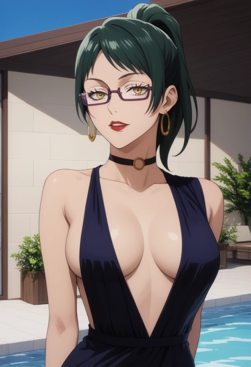 score_9_up, score_8_up, score_7_up, 1girl, solo, mature female, Maki, green ponytail  hair, yellow eyes, glasses, red lips, parted lips, fit slim body, perfect medium erected breast,(((highly detailed eyes))), (((dark blue evening dress with plunging neckline, golden earrings, golden rings, black choker with shining rhinestones))), (((white modern villa with panoramic windows, pool, sunset))), outdoors, looking at the viewer, perfect model body, seductive pose